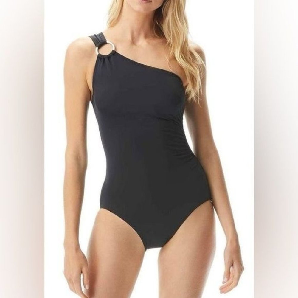 Michael Kors Iconic Solids One Shoulder One Piece Swimsuit Black Sz 16 swimwear